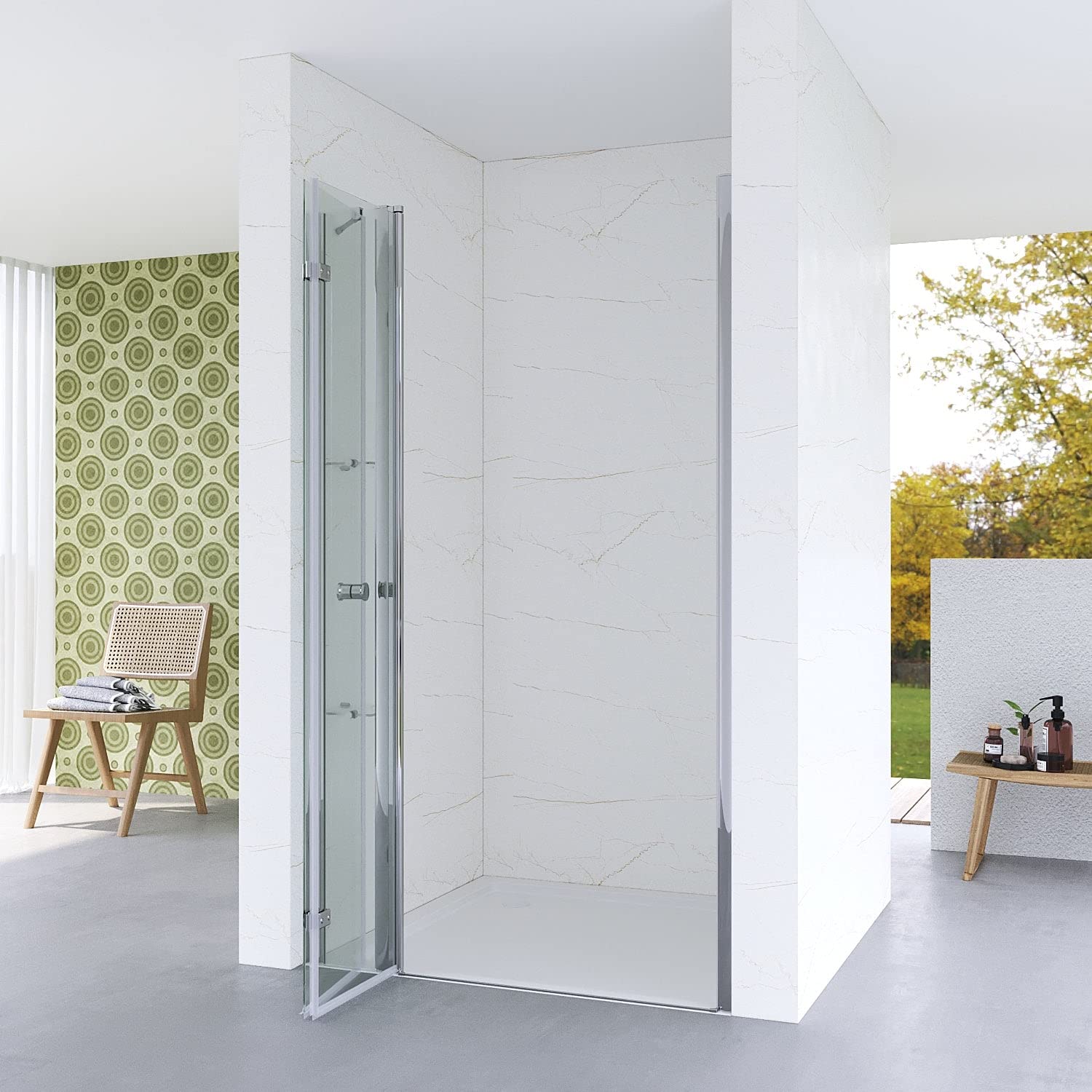 Duschtür Nische faltbar Falttür Nischentür Dusche 95 cm Duschabtrennung Glas Pendeltür Schwingtür Duschkabine mit Duschablage aus 5mm ESG Sicherheitsglas Verstellbereich von 93-96 cm Höhe 187 cm