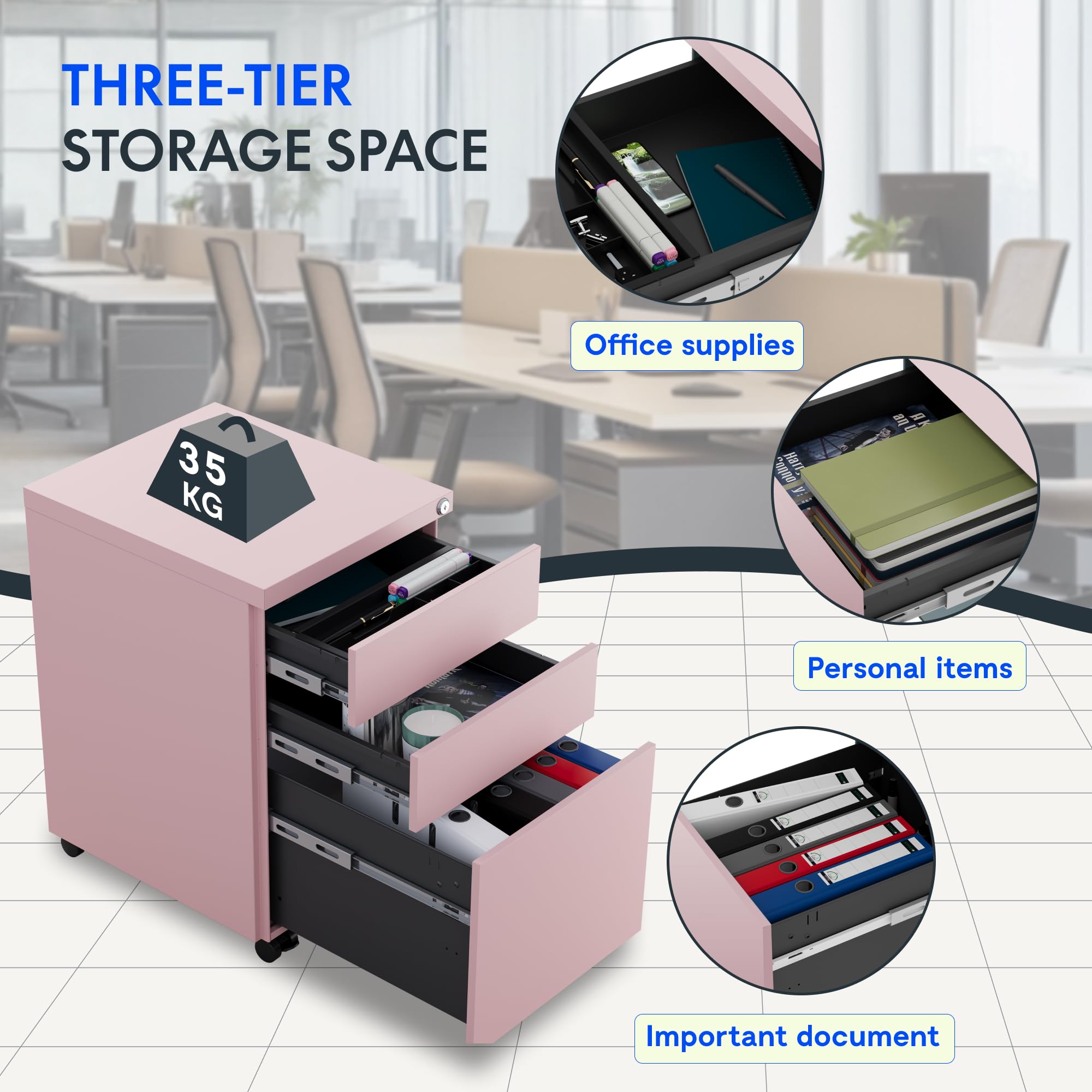 FlexiSpot schedario con 3 cassetti, cassettiera da ufficio rosa con ruote, armadietto con serratura e sistema anti-ribaltamento, mobiletto porta documenti per casa e ufficio