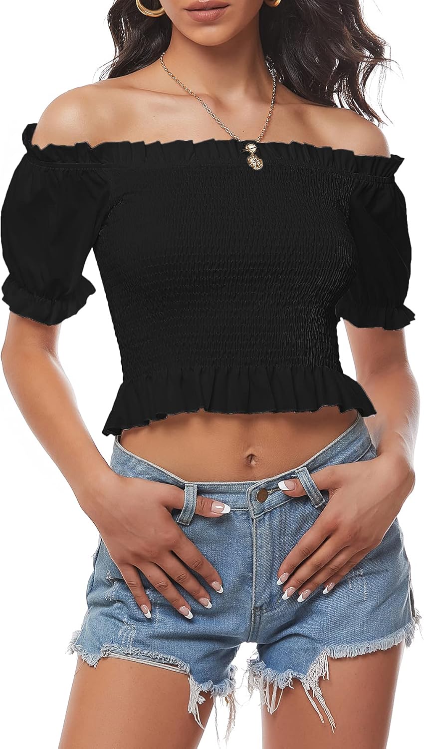 LYANER Women's Off Shoulder Shirred Short Sleeve Crop Blouse Tee Top - Image 3