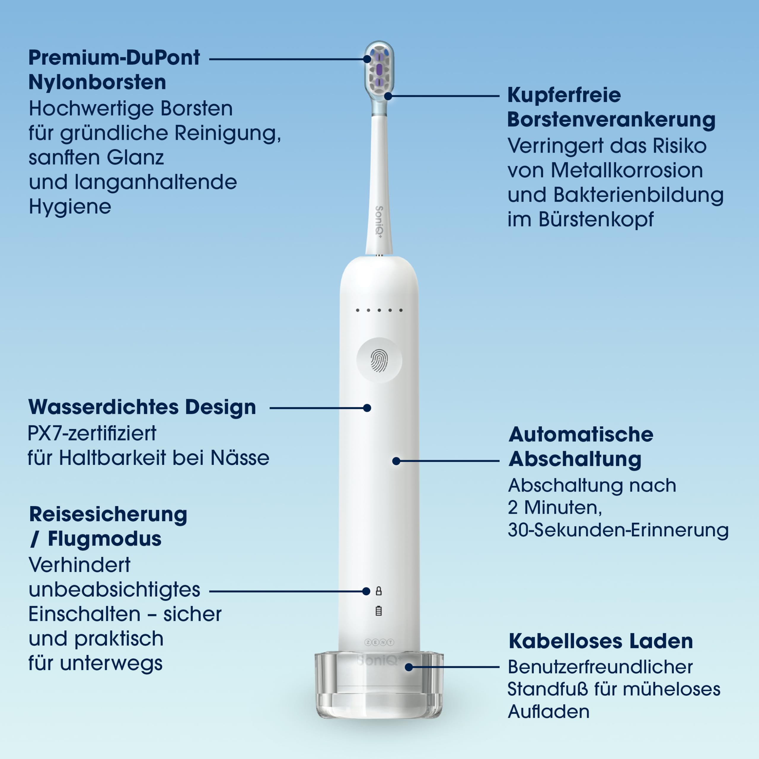 ZENT SoniQ+ Schallzahnbürste 2in1 für empfindliche Zähne Weiß | Die Zahnbürste bietet 60°-Rotationsbewegung, 5 Reinigungsmodi, IPX7 Wasserdichtigkeit und Induktionsladegerät