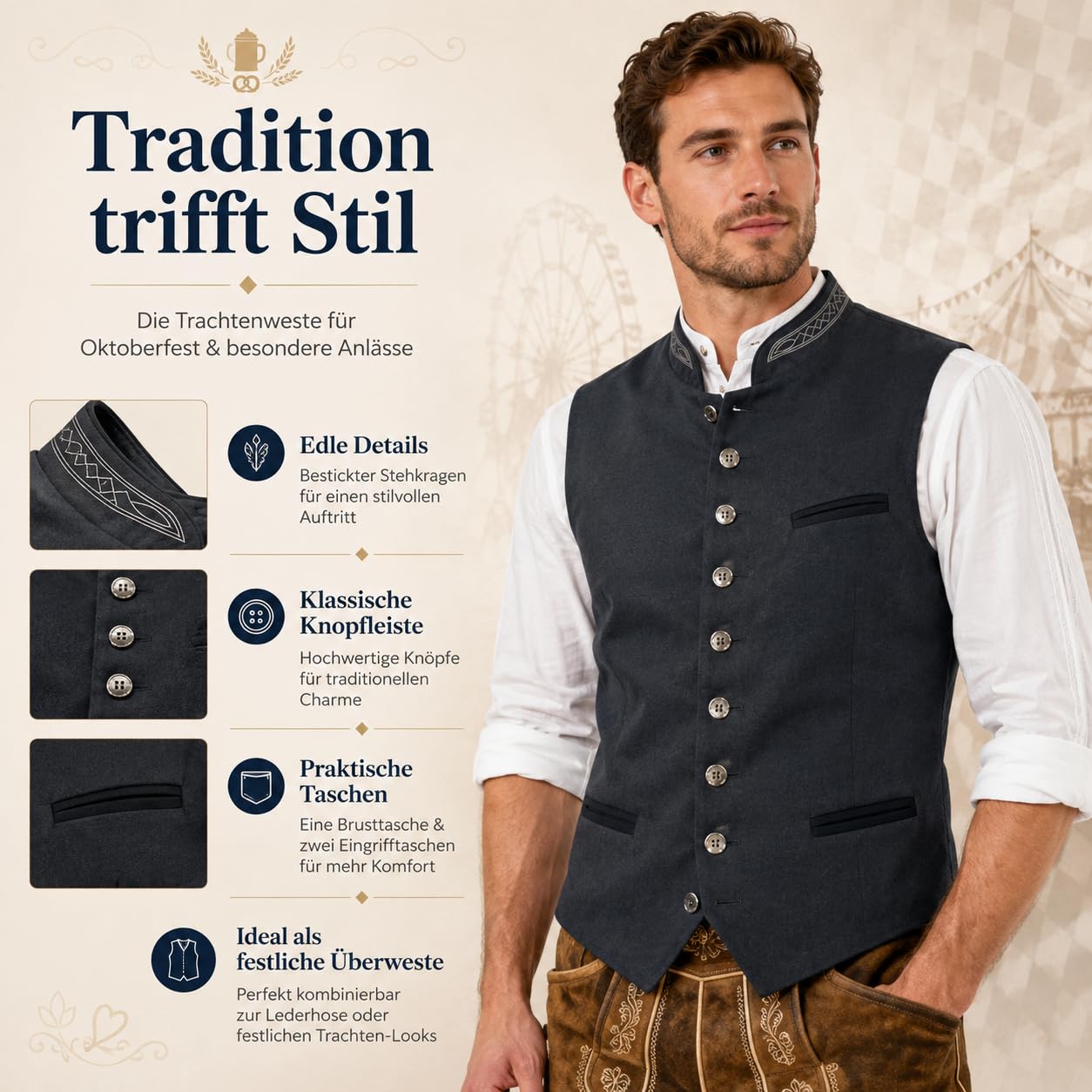 Generisch Trachtenweste Herren - Oktoberfest Ärmellos Trachten Weste Trachtenmode Gilet Große Größen Trachtengilet Elegant Anzugweste Edel Festanzug für Hochzeit Musik Anlass