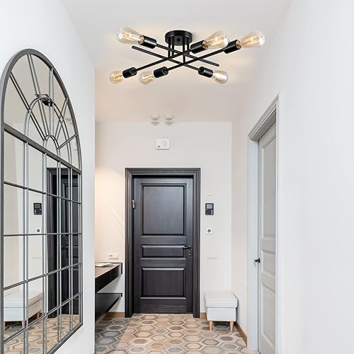 Miniatura 62 de Sputnik Candelabros, lámpara de techo moderna semiempotrada con base E26, lámparas industriales de mediados de siglo para cocina, granja, Negro