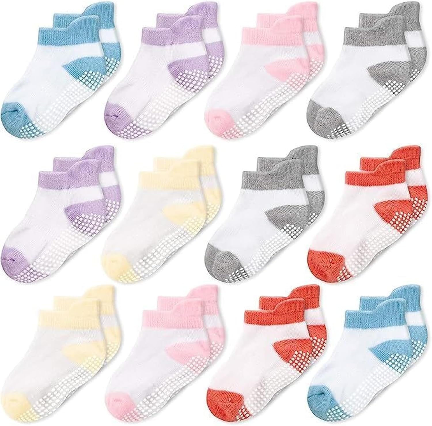 CozyWay Baby & Toddler Socks with Grippers Non Slip Ankle Grip Socks For Boys and Girls - Comfy Soft Cotton - 12 Pack