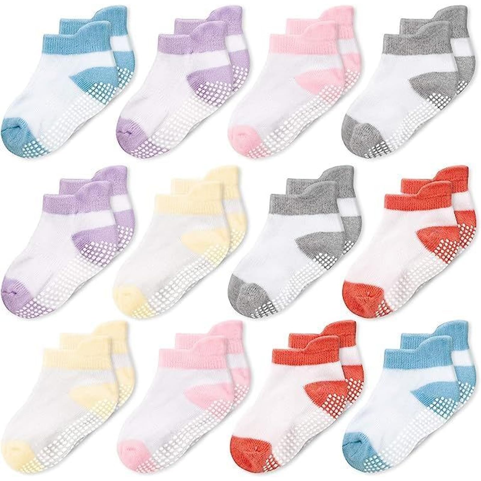 CozyWay Baby Boys & Girls Non-Slip Socks - Toddler Socks With Grippers, 12 Pairs, Ankle Style For Infants, Toddlers, Safe And Comfy, Mixed 12Pk, 1-3T