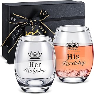 Patelai Gift for Wedding Anniversary His Lordship and Her Ladyship Gin Glass Set to Bride and Groom Anniversary Set of 2 Cocktail Short Glasses Stemless Wine Glass to Couple Date Party, 16 oz