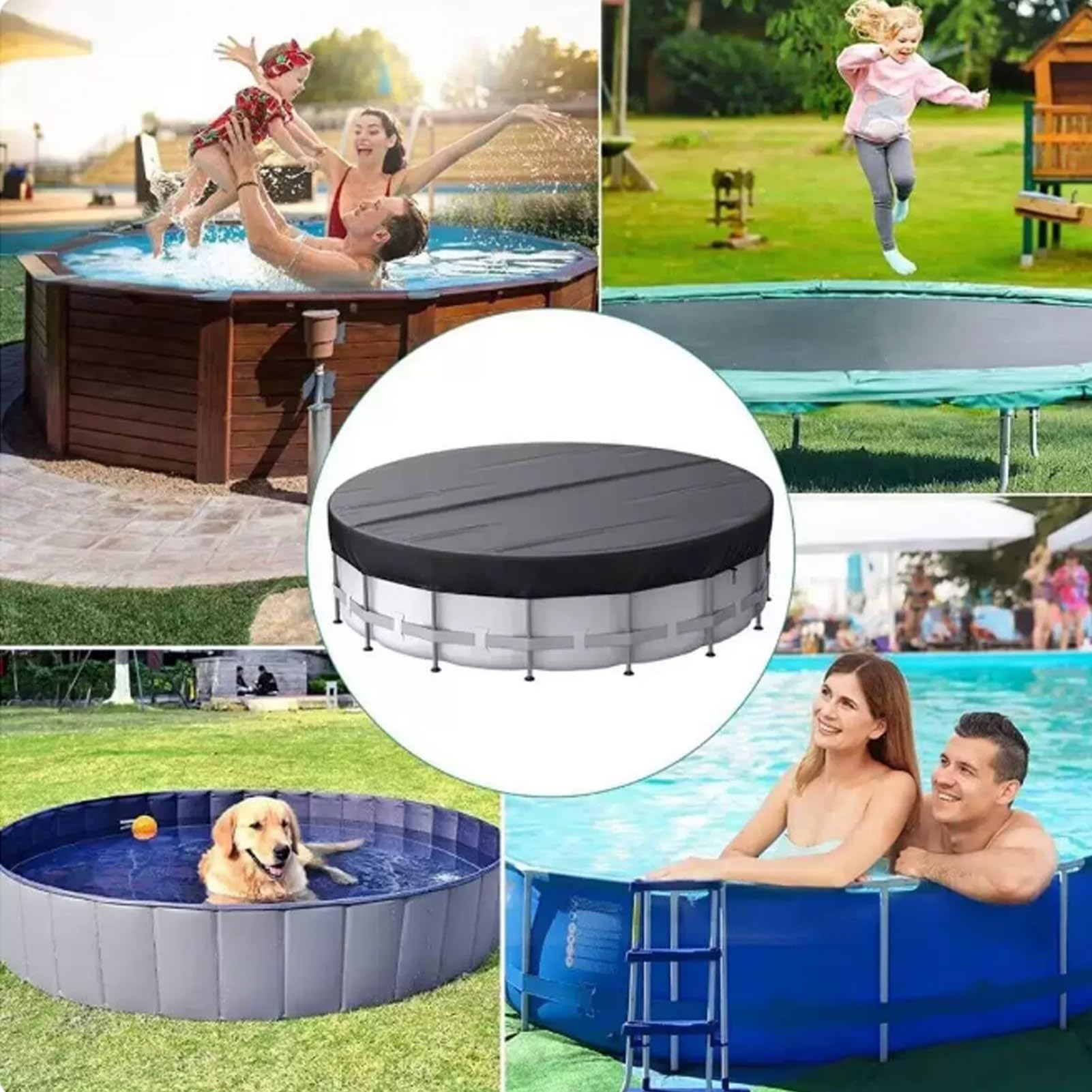 Cubierta de Piscina Redonda,Lona Piscinas Hinchable 366cm,Protección UV,Cuerdas de Viento y estacas,Impermeable y Resistente al Viento,Cubierta Plegable para Piscina al Aire Libre(15FT457*20cm)