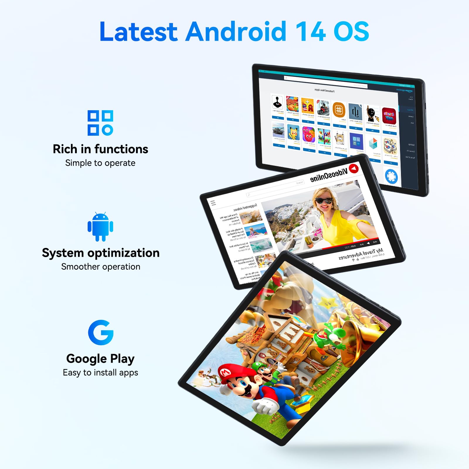 Yicty Tablet 11 pollici 8 Core Android 14 Tablet PC 10 GB + 128 GB 1 TB di espansione 1280 x 800 HD IPS Touchscreen 5 MP + 8 MP Doppia fotocamera 6800 mAh Widevine L1 Face ID Wi-Fi Bluetooth (Nero)