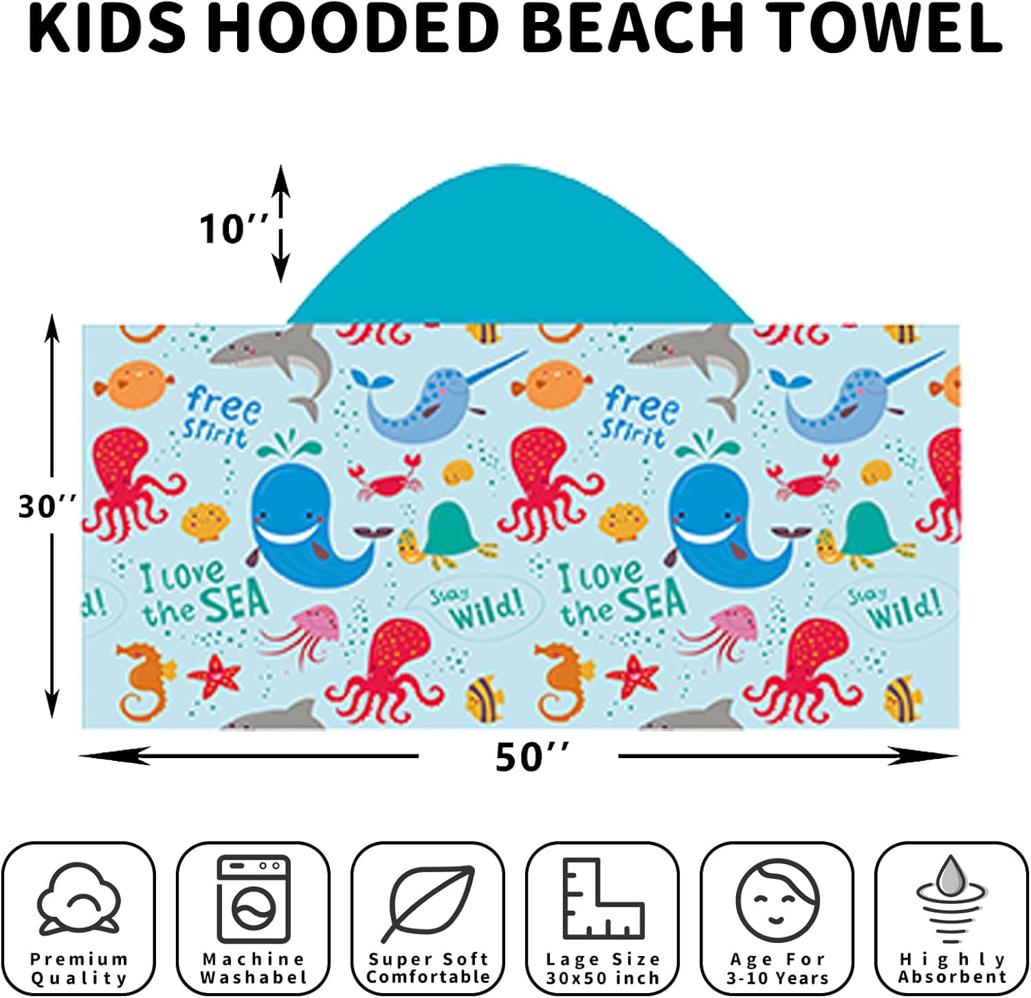 Hooded Beach Towel, Microfiber Hooded Beach Towel For Kids Toddler Infant Boy Girl, Beach Towel with Hood For Bath Pool Swim Summer Beach Essentials Cartoon Shower Gifts (24x50 Inch, Marine Wave) - Image 4
