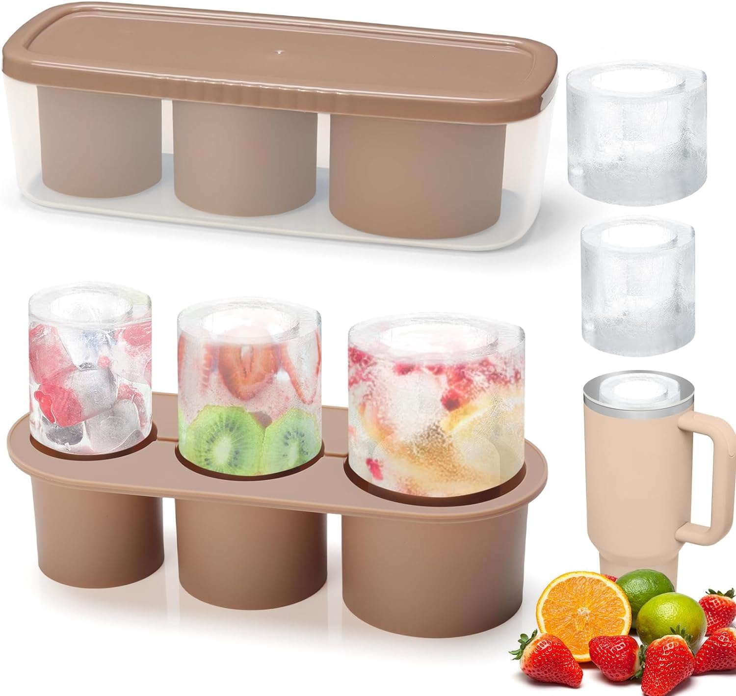 Ice Cube Tray for Stanley Cup, Silicone Ice Cube Maker With Lid for 30-40oz Tumbler, for Chilling Whiskey, Cocktails, Drinks, Coffee, Easy Fill and Release Ice Maker (Brown)