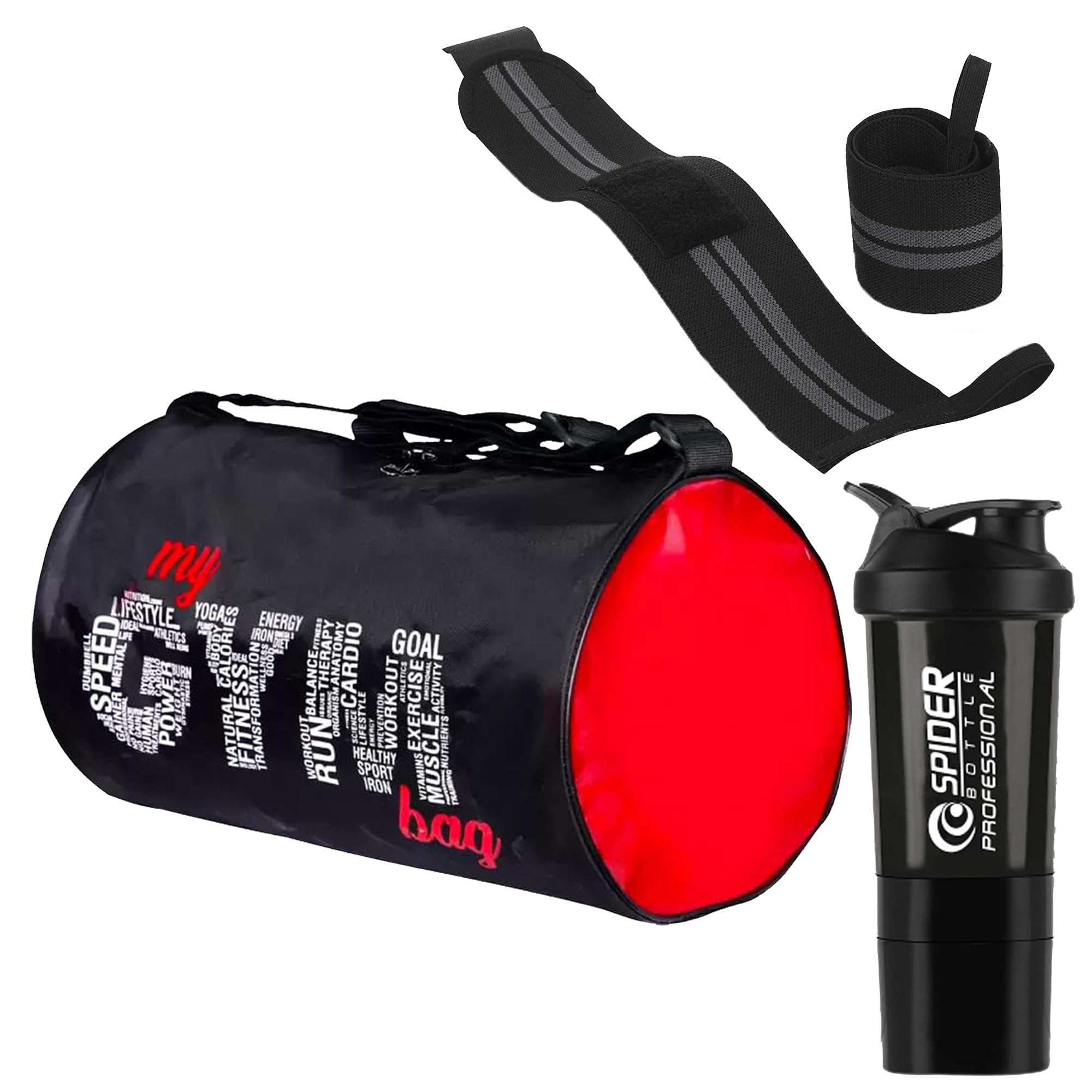Workout Power Combo Gym Shaker Bottle with Gym Bag & Wristband Set || Shaker Bottle 500 ml || Gym Duffel Bag for Fitness || Shoulder Gym Bags || Wrist Support Gym Men and Women (Black)-image-48