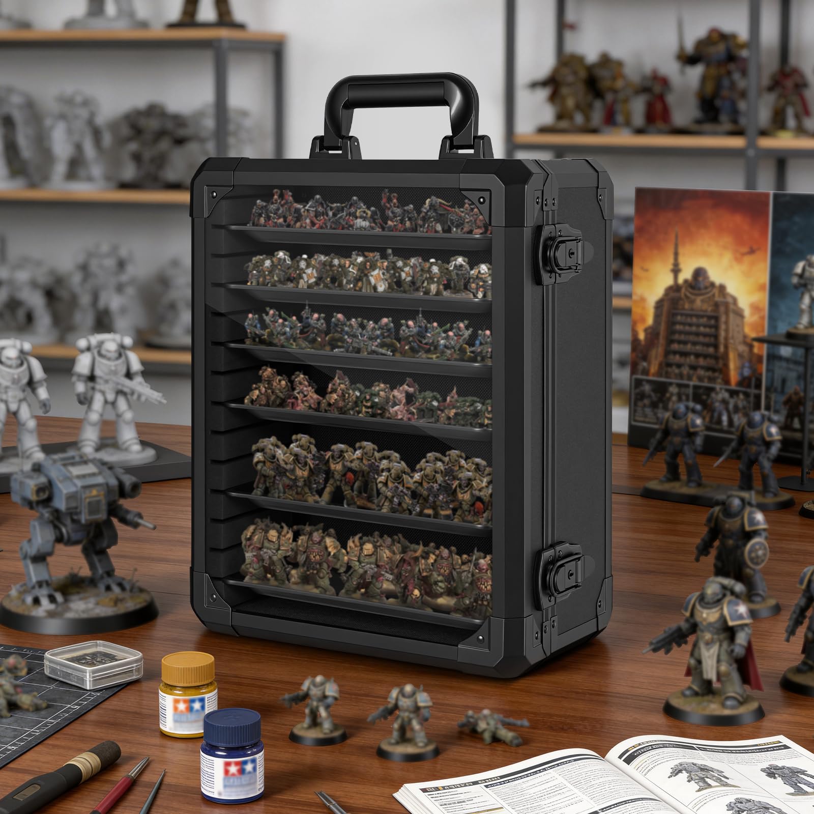 Custodia per il trasporto di miniature con serratura, 6 vassoi magnetici in metallo e telaio in lega di alluminio, colore nero, di piccole dimensioni