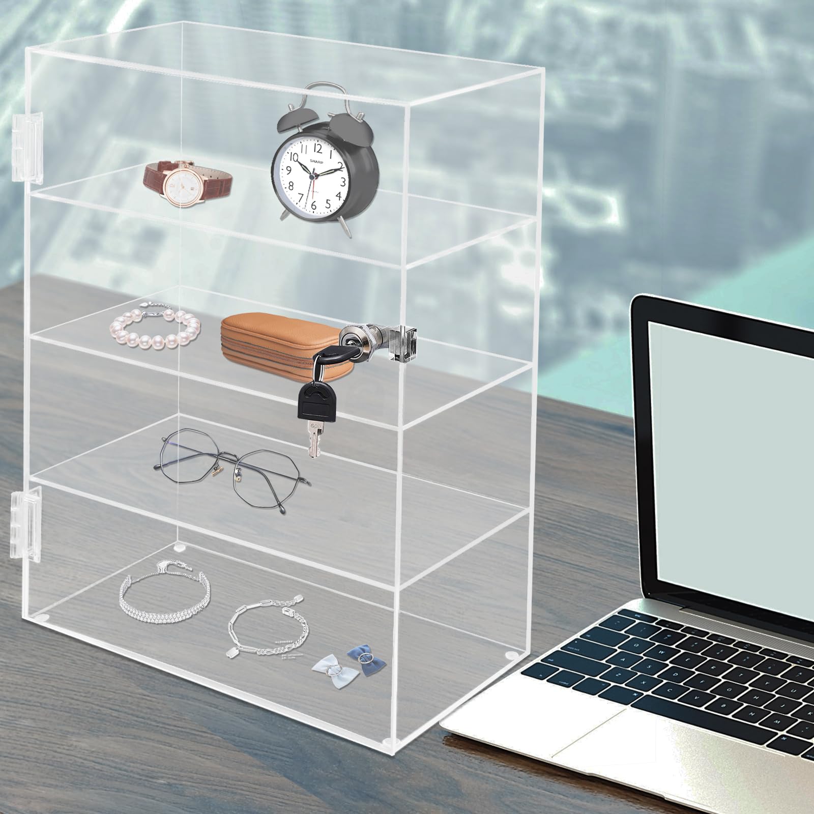 Locking Display Case,Showcase Display Cabinet,4-Tier Acrylic Display Case with Lock Key,Clear Detachable Countertop Display Cabinet with Shelves for Figures Rock Collectibles(11.81x5.31x15.75 inch)