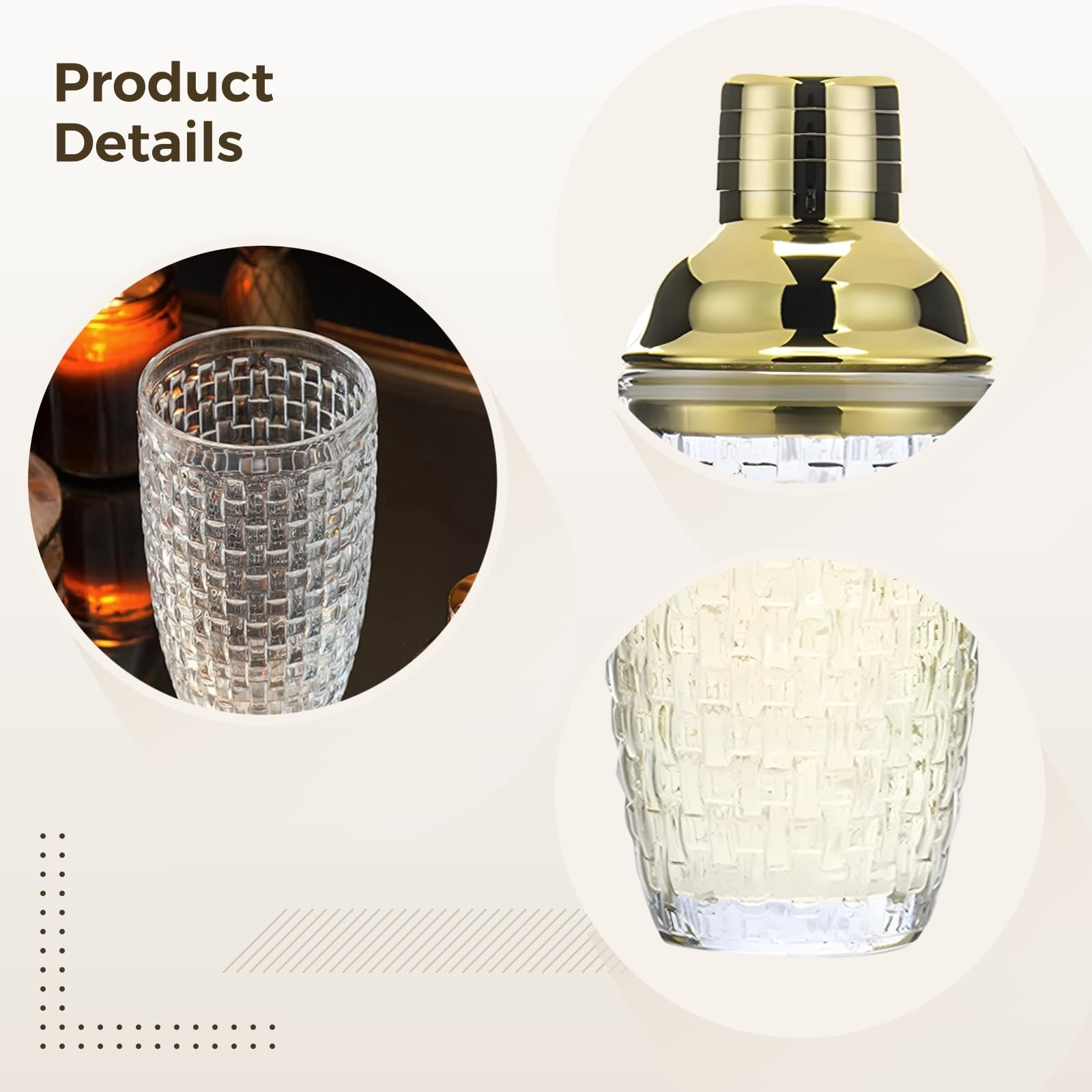 Bosreroy 4 Pcs Cocktail Set with Gold Woven Glass Shaker, Includes Stirrer, Ice Crasher, Measuring Cup, 400Ml, Pattern