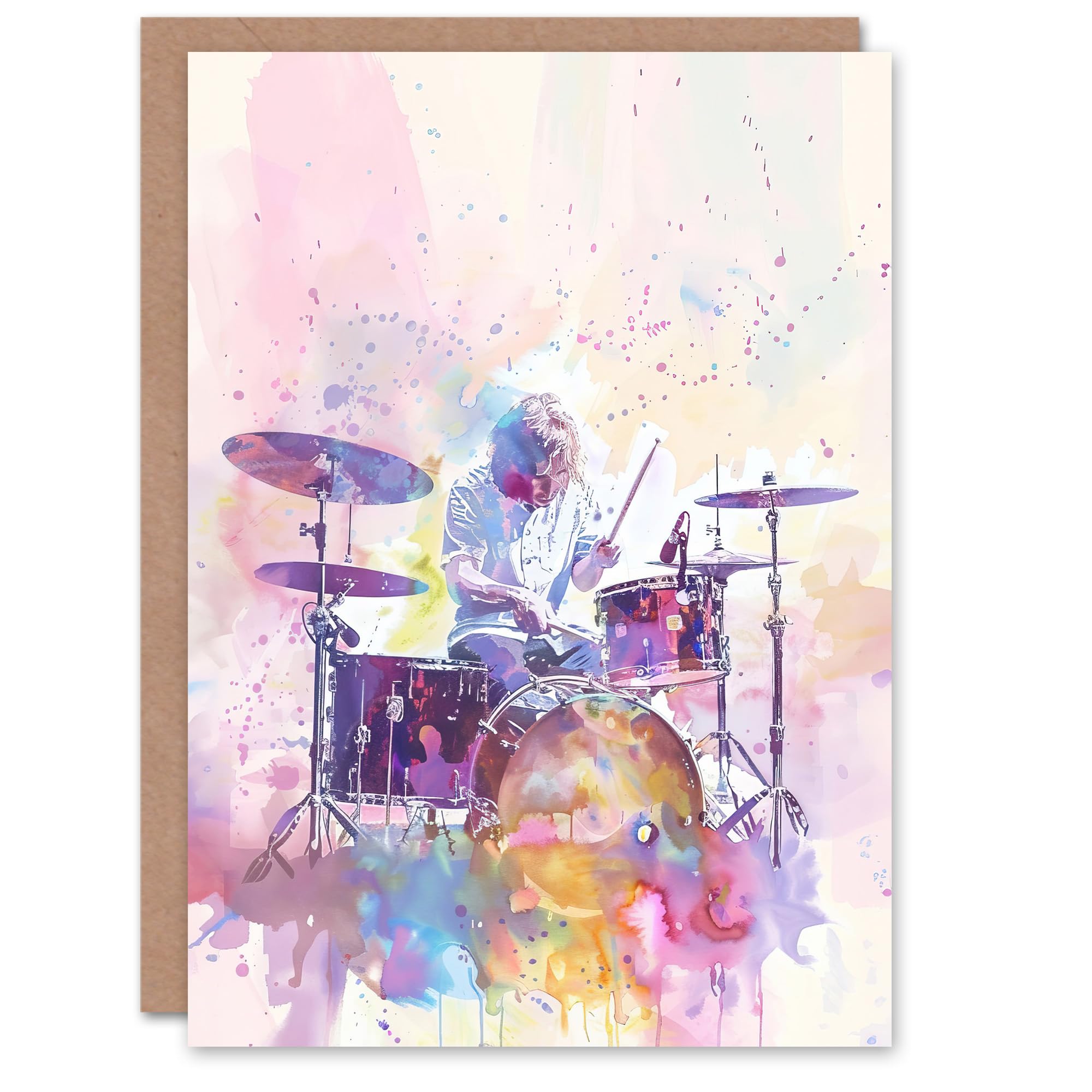 Artery8 Greeting Card Rainbow Modern Watercolour Portrait Drummer Drums Blank For All Him Or Her Art Birthday Card
