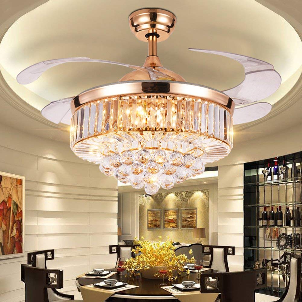 LUOLAX 42 inch Luxury Crystal Remote Control Gold Ceiling Fan Light with 3 Colors Change LED Retractable Blades Chandelier Decor (Gold-42 Inch)