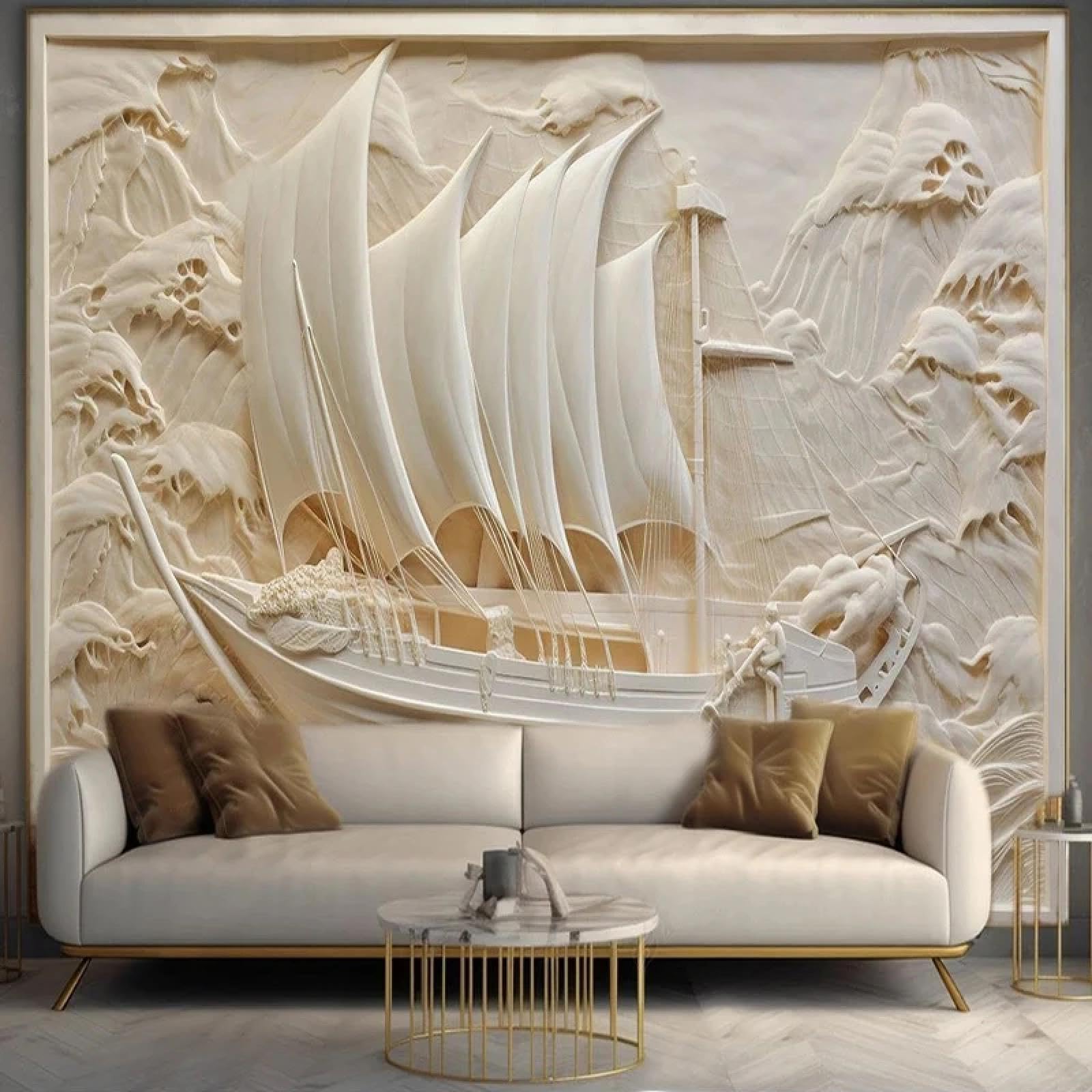 Décoration murale TV salon avec grand relief voilier 3D autocollant