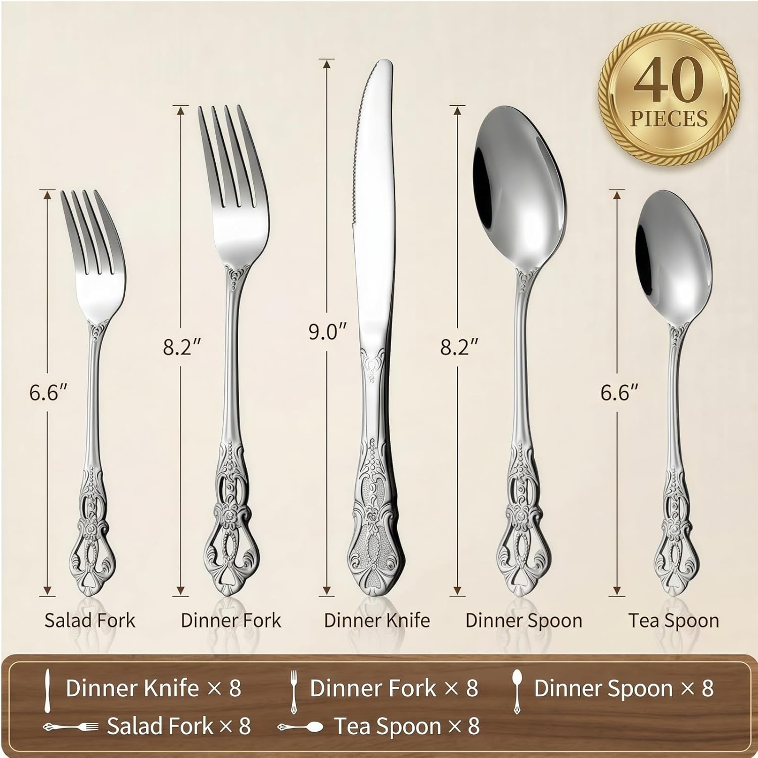 40 pieces retro royal silverware set for 8, stainless steel flatware set, dishwasher safe dinnerware set including forks spoons and knives, vintage cutlery set for wedding, party and christmas