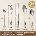 Cididu 40 Pièces Retro Royal Silverware Set pour 8, Set plat en acier inoxydable, lave-vaisselle Set de vaisselle sécuritaire incluant fourchettes et couteaux, Couverts vintage pour le mariage, la fête et Noël