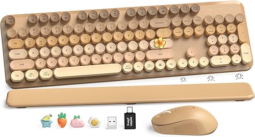 Miniatura 17 de Teclado inalámbrico, teclas redondas, teclado de máquina de escribir retro con reposamuñecas desmontable, modo de suspensión, patas plegables,