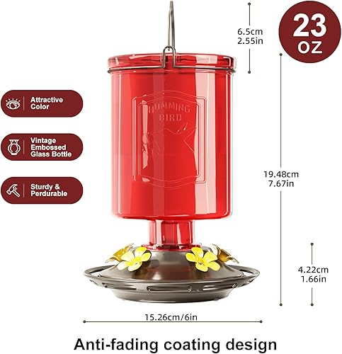Miniatura 6 de Auslar Comedero para colibríes, comedero de colibrí de vidrio verde para colgar al aire libre, 5 puertos de alimentación de flores de imitación, 23