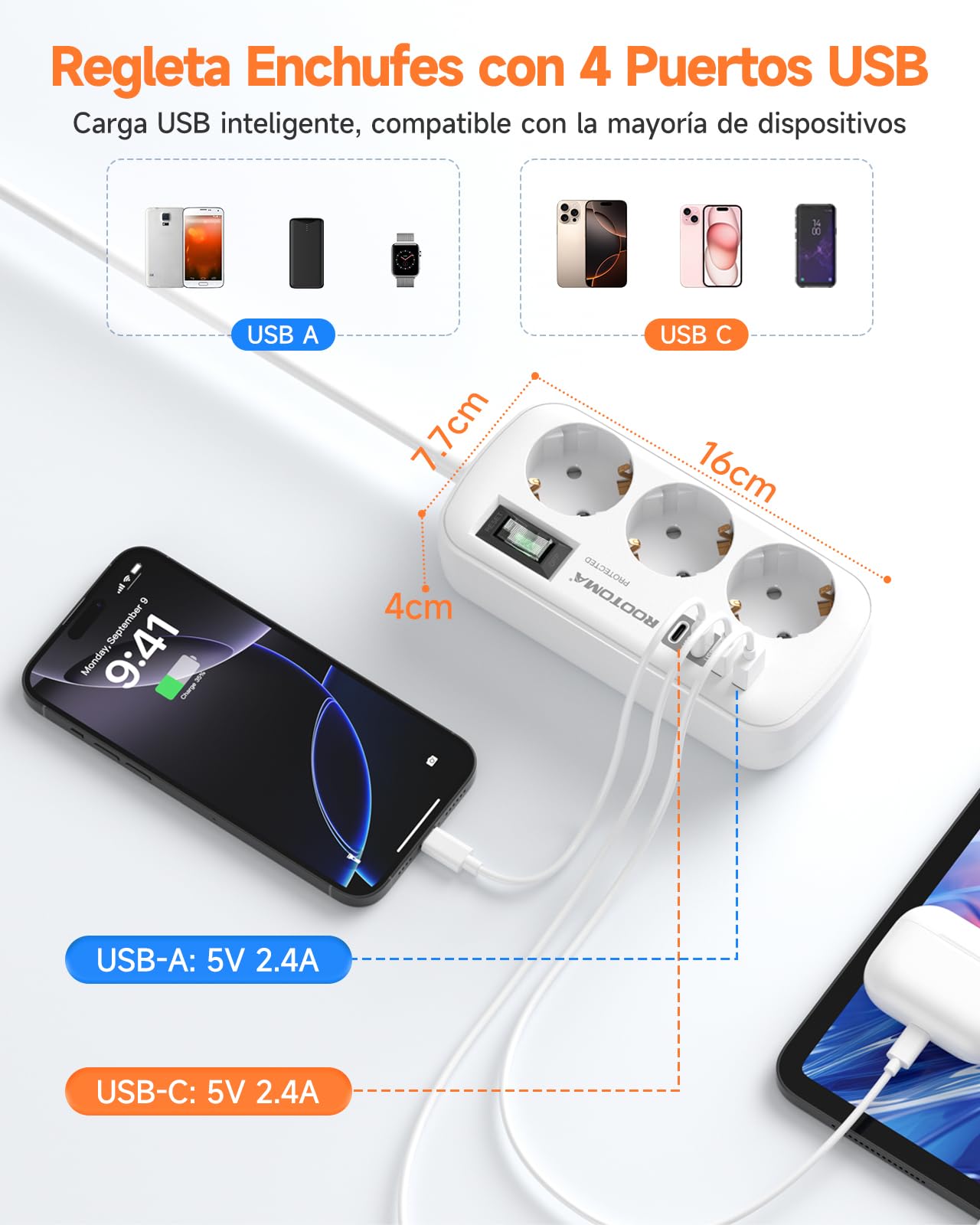 Regletas Enchufes con USB, Protección Sobretensión, 3 Tomas con Interruptor, Enchufe Múltiple de Carga 2 USB C y 2 USB A (5V/3,1A), Cable 1,5m, Ideal para Viajes y Hogar, 16A/4000W — view 3