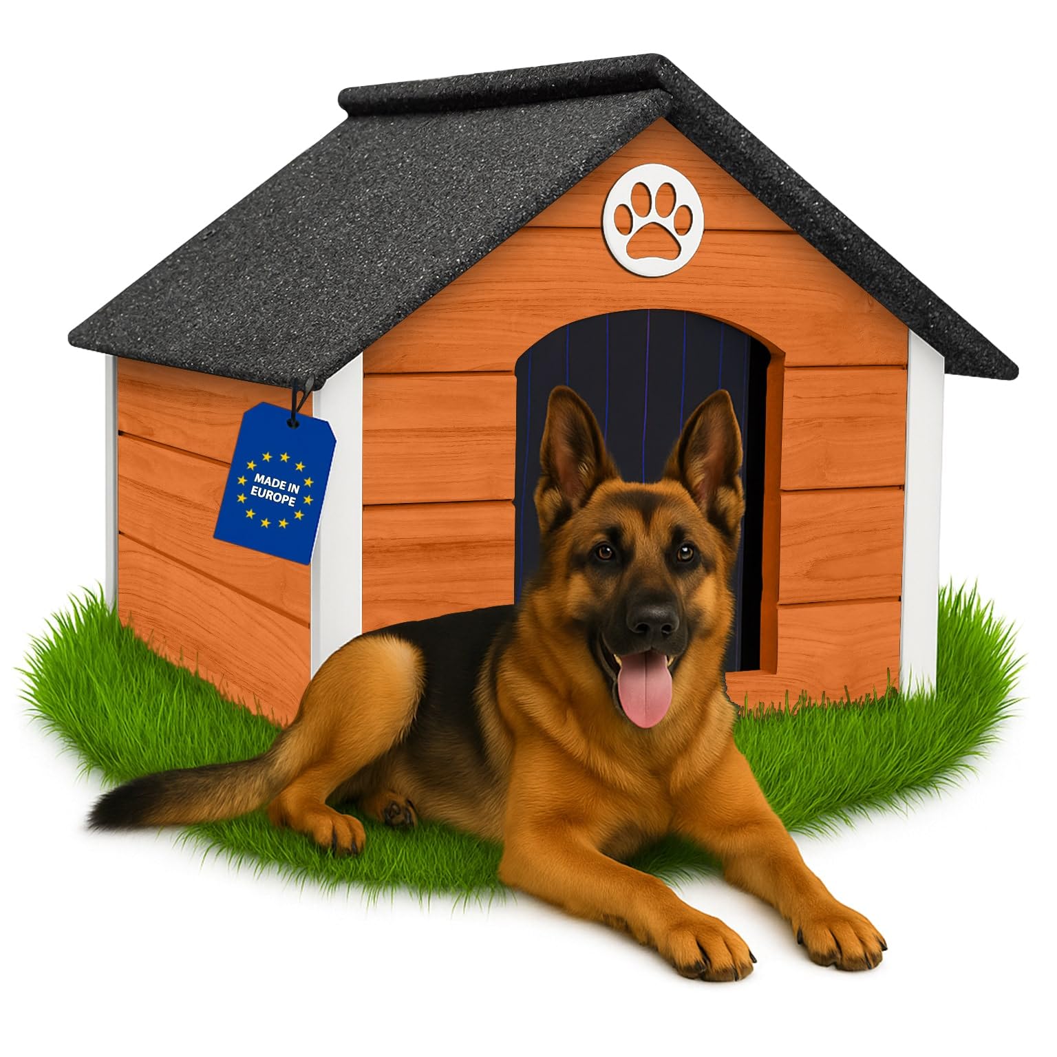 Outentin Hundehütte Outdoor Isoliert - Hundehaus für Große Hund - Winterfest und Wetterfest - Hunde Haus für Draußen mit schrägem Dach - Stabile Villa und Moderne Design - 103 x 90 x 70cm-Teak