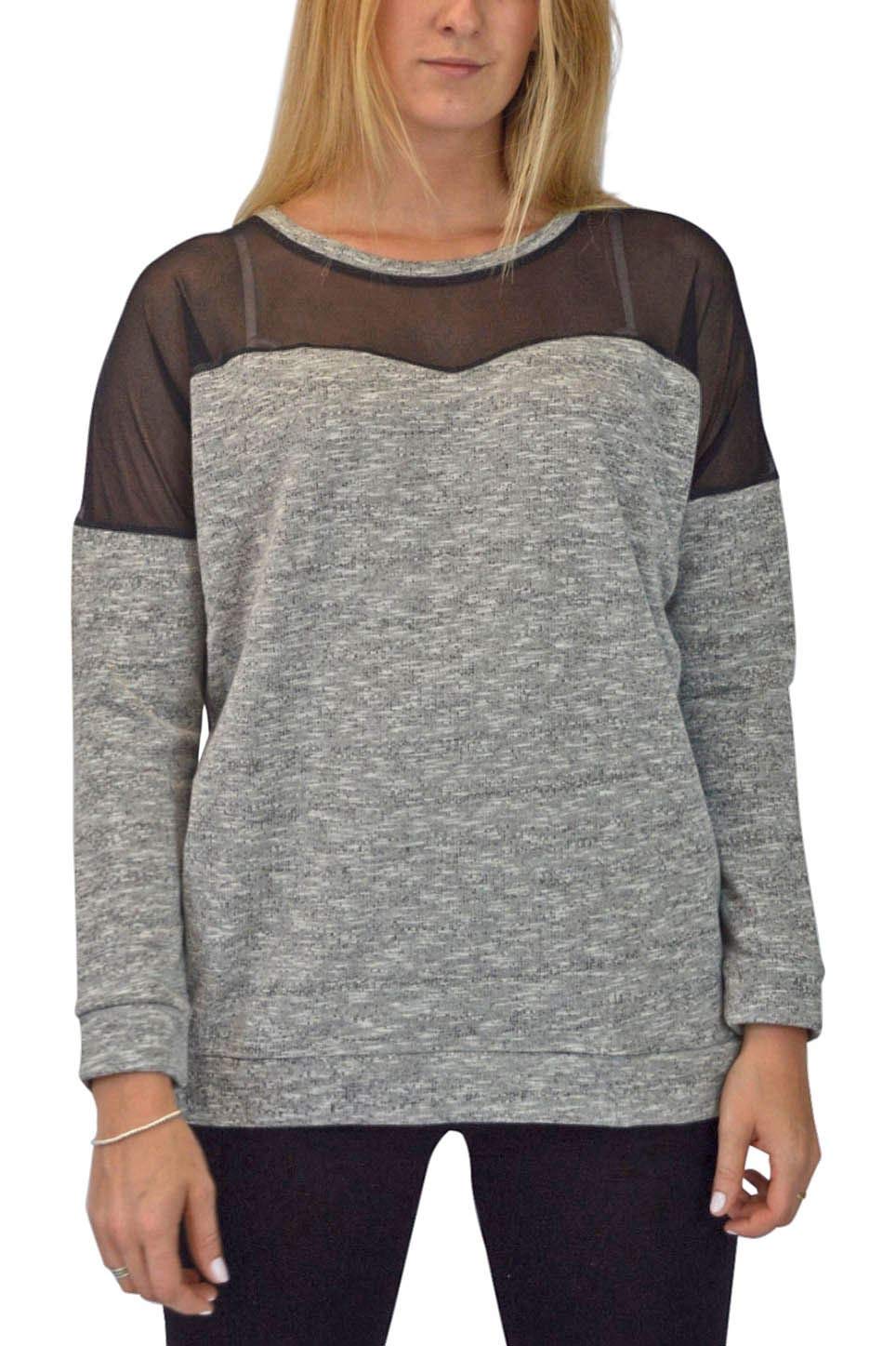 Urban Outfitters Grey Long Sleeve Pointelle Womens Knit Top Black Mesh Shoulder Size Small