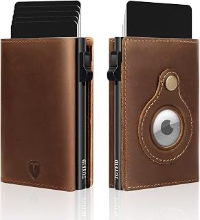 Trifold Leather Brown Wallets for Men with Airtag Holder - Pop Up Card Holder&ID Window | Magnetic Closure RFID Wallets - Full Grain Leather Credit Card Wallet