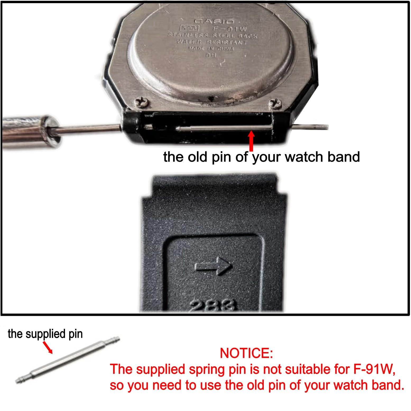 Correa de reloj de repuesto para Casio F-91W, correa de plástico negro con pasador de resorte y herramienta de extracción