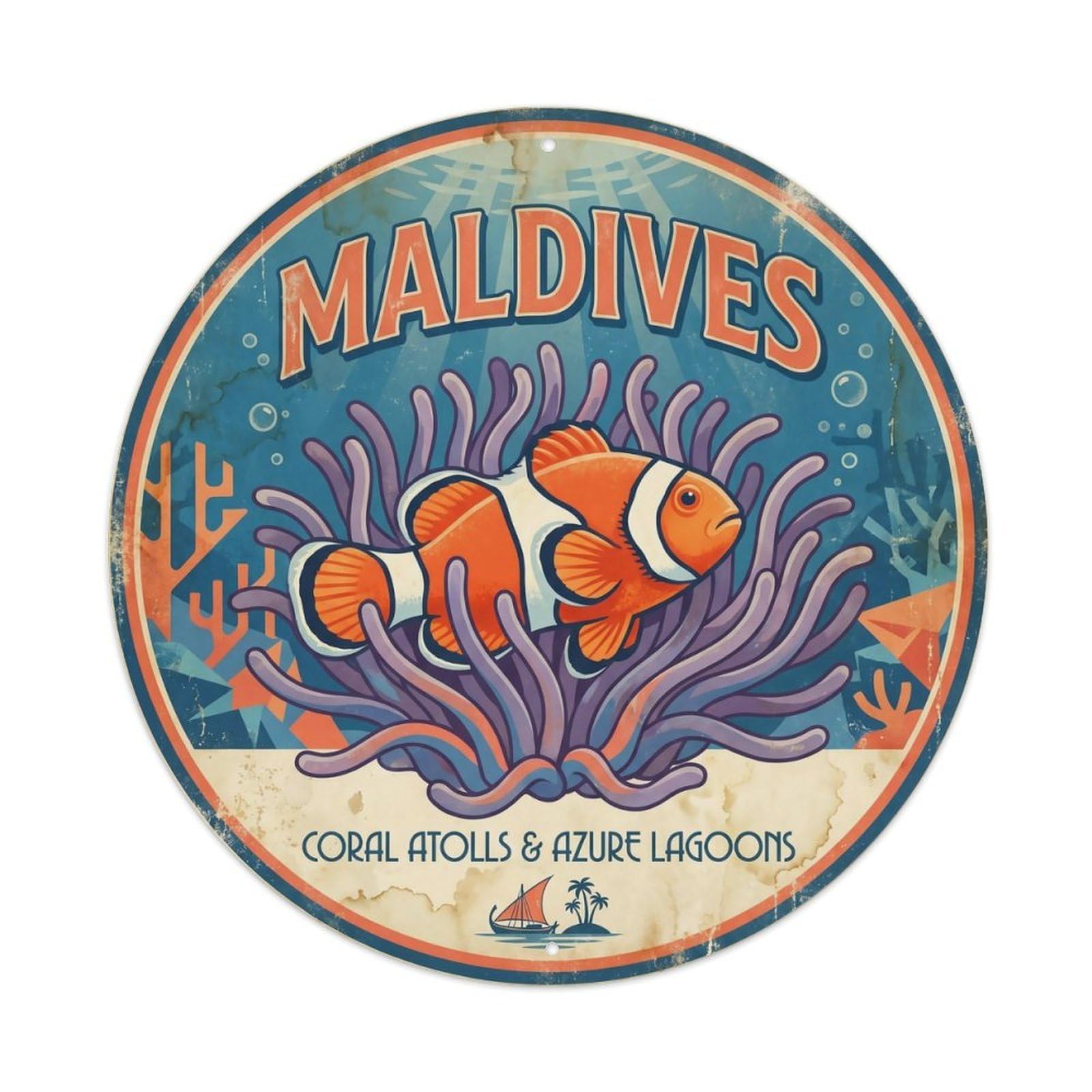 Odgynaw 8X8inch(20X20cm) Maldives Clownfish Sea Anemone Diving Travel Coral Metal Tin Sign