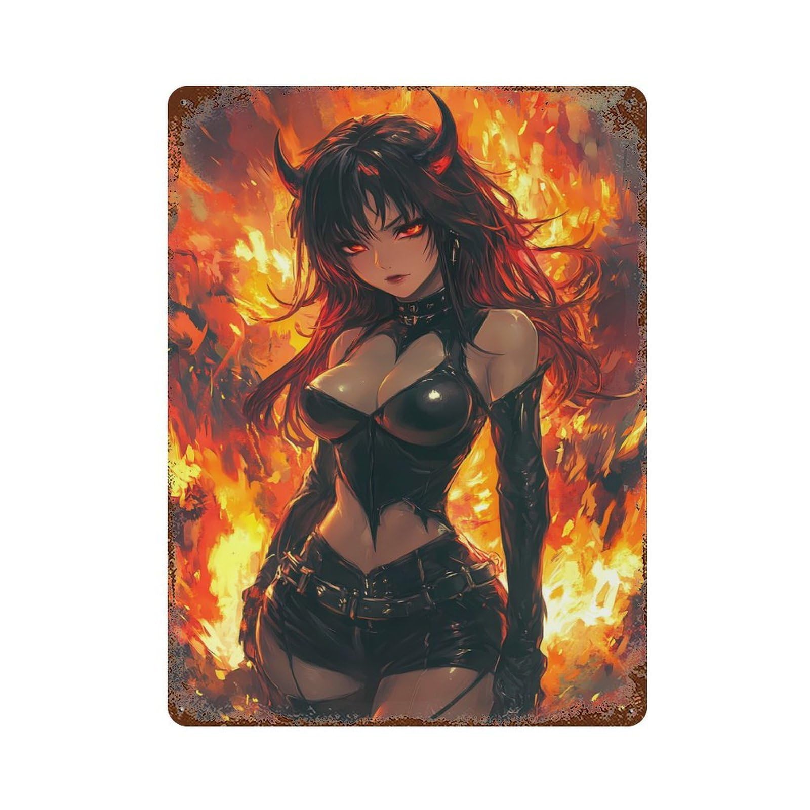 Fiery Anime Demon Girl 15.7"x11.8" Rust Effect Tin Sign, Industrial Home Decor for Living Room, Hallway And Home Decor