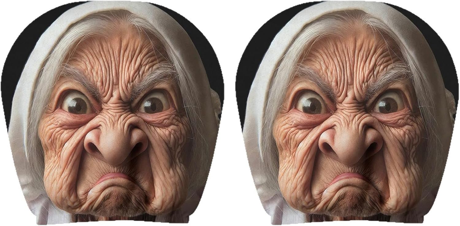 2Pcs Funny Car Headrest Covers with Granny Face Print, Breathable Polyester Auto Seat Headrest Protector, Stretchy Universal Interior Accessories for SUV, Truck, Road Trip & Prank Gift