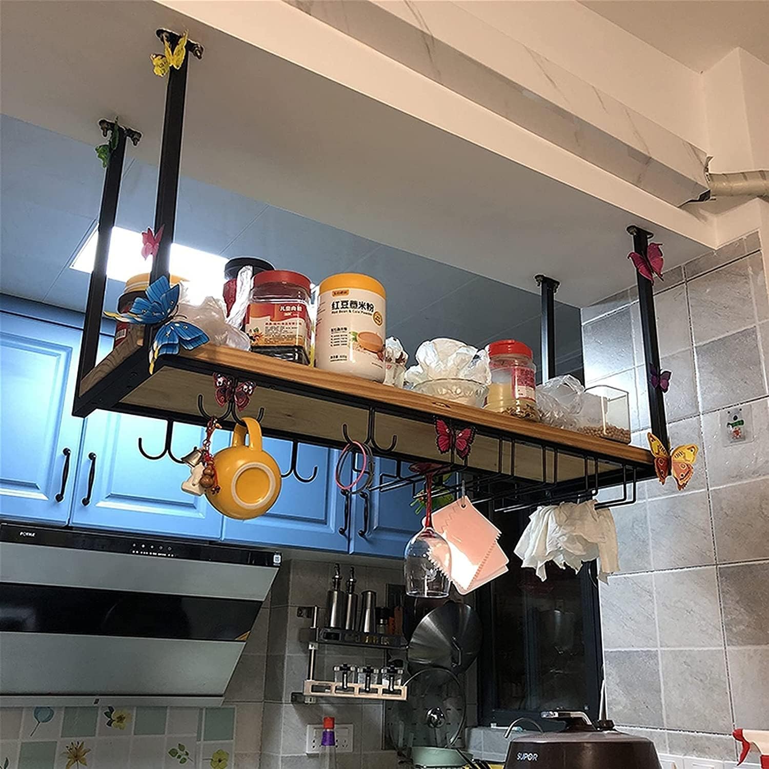 Ceiling Shelf, Ceiling Mounted Wine Rack, Storage Rack, Black, Suitable for Bars/Kitchens/Restaurants, Easy to Install(60 * 30 * 50cm)