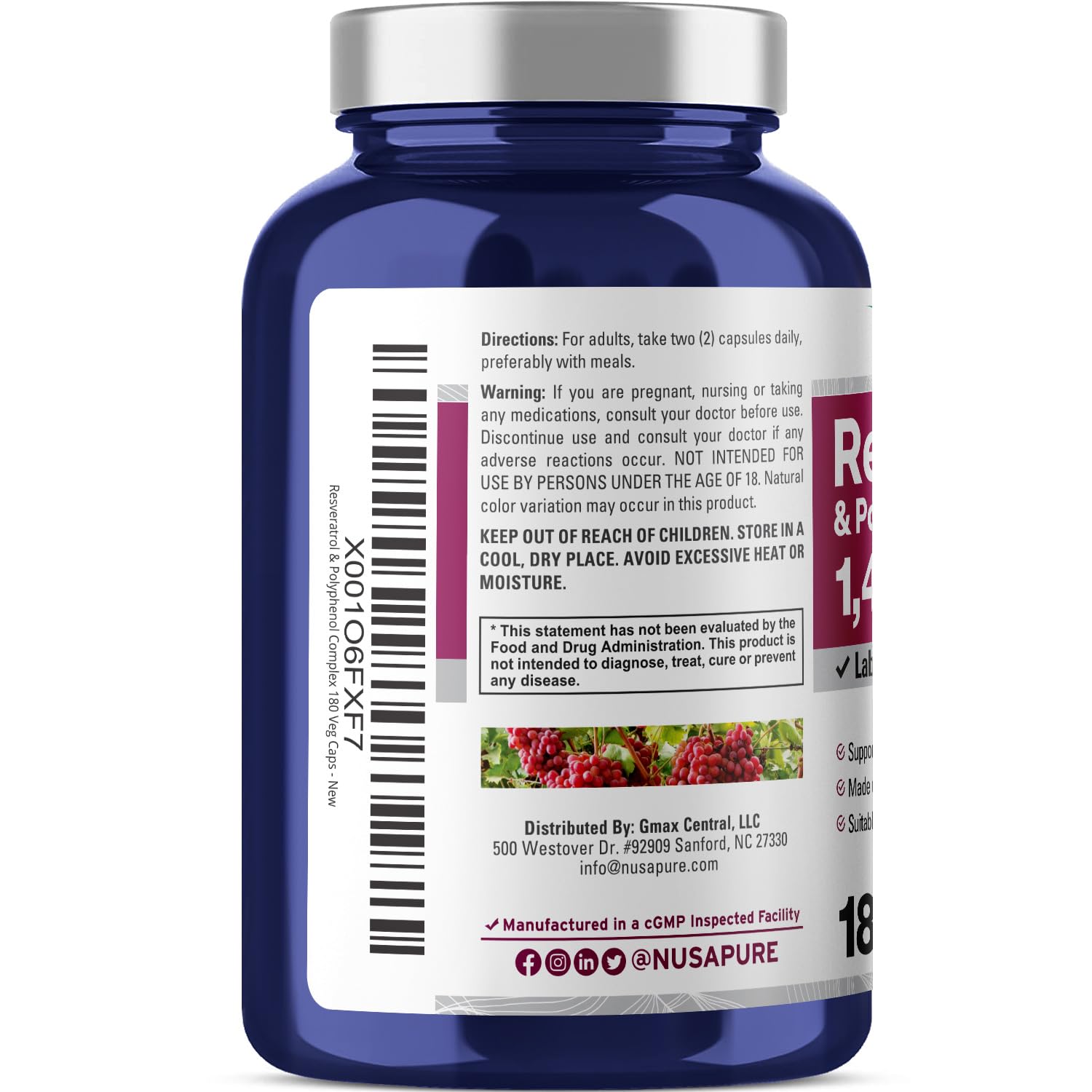 NusaPure Resveratrol & Polyphenol, Vegan, 1450mg, 180 Capsules-90 Servings — Amazon image 3