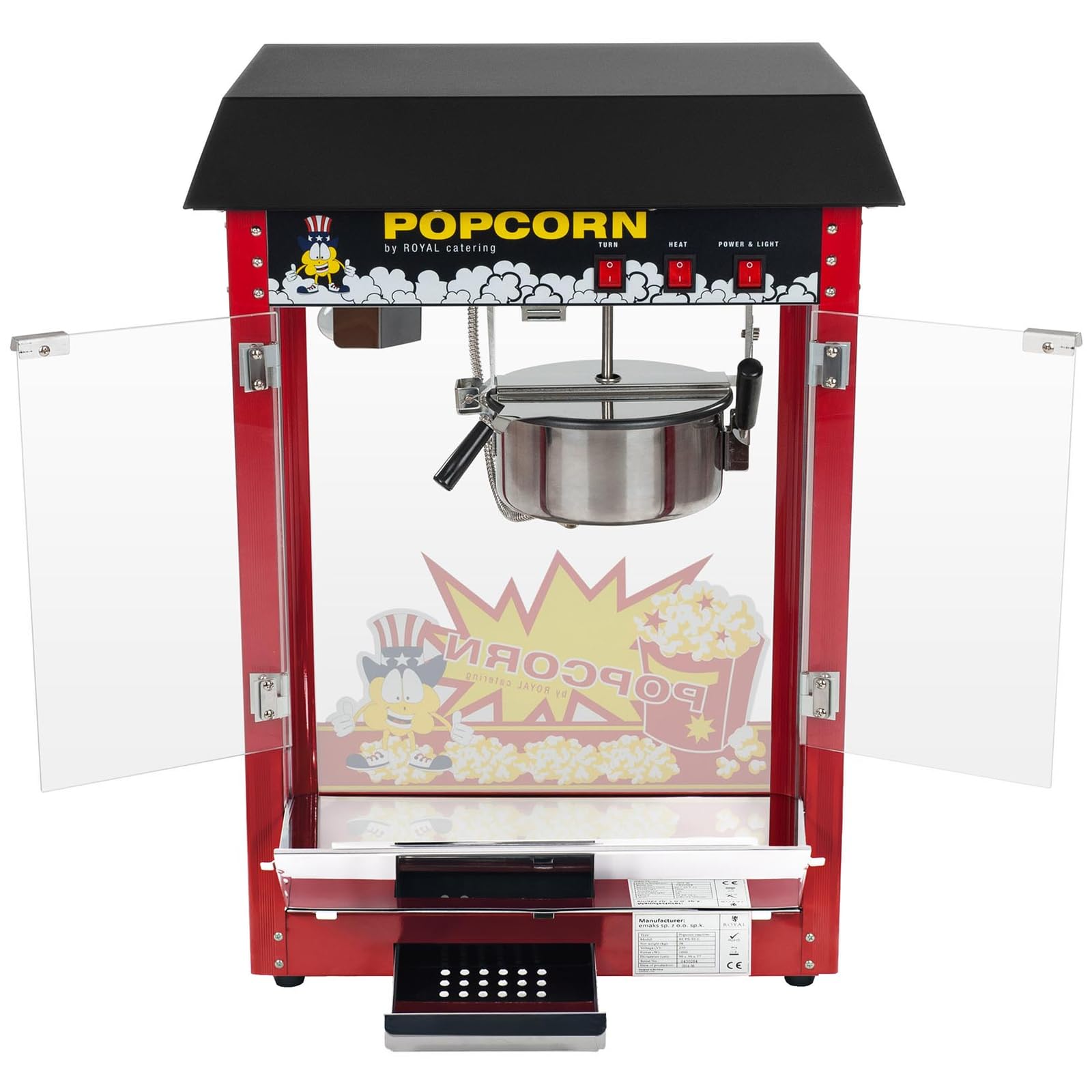 Royal Catering Machine À Popcorn Professionnelle RCPS-16E (1500 W, 5 Kg/Heure, 16 l/h, Marmite ø18 cm, Revêtement Antiadhésif, Rouge, Toit Noir)