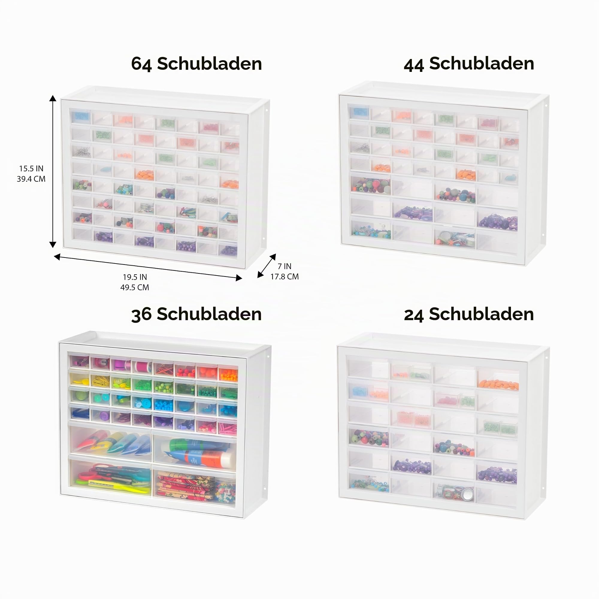 IRIS USA stapelbarer Aufbewahrungsschrank mit 64 Schubladen, 49,5 cm B x 17,8 cm T x 39,5 cm H, Weiß – Kleiner Ziegel-Organizer, Mehrzwecktruhe, Sammelalbum, Kunst, Hobby, mehrere Fächer