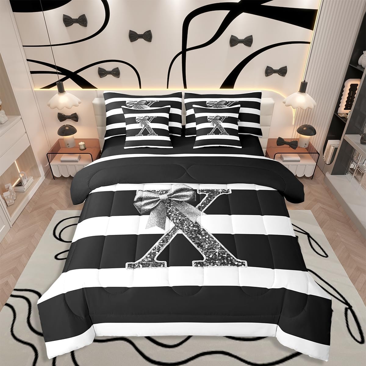 Erosebridal Initial Letter X Full Size 7 Piece Bedding Set Kawaii Bowknot Comforter Sets Modern Black Stripes Sheet Set for Teens Adult Women Cute Sequins Bow Bed in A Bag with Flat and Fitted Sheet