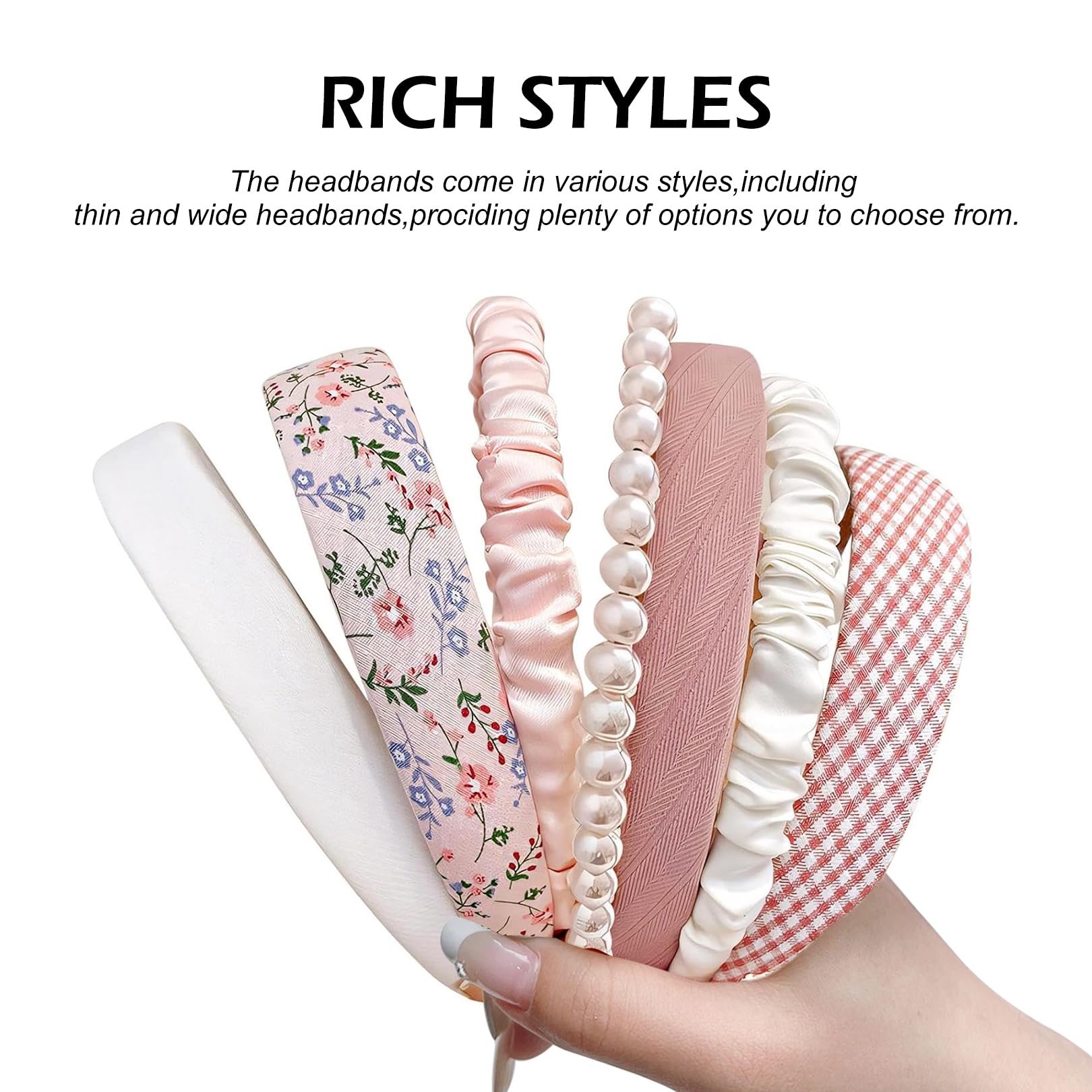 7Pcs Headbands Set,Assorted Fabric Hairbands for Women Girls with Pearl Floral Textured Designs Headband Cute Wide Head Bands Fashion Accessories for Ladies Kids Wedding Party Photoshoot Padded - Image 3