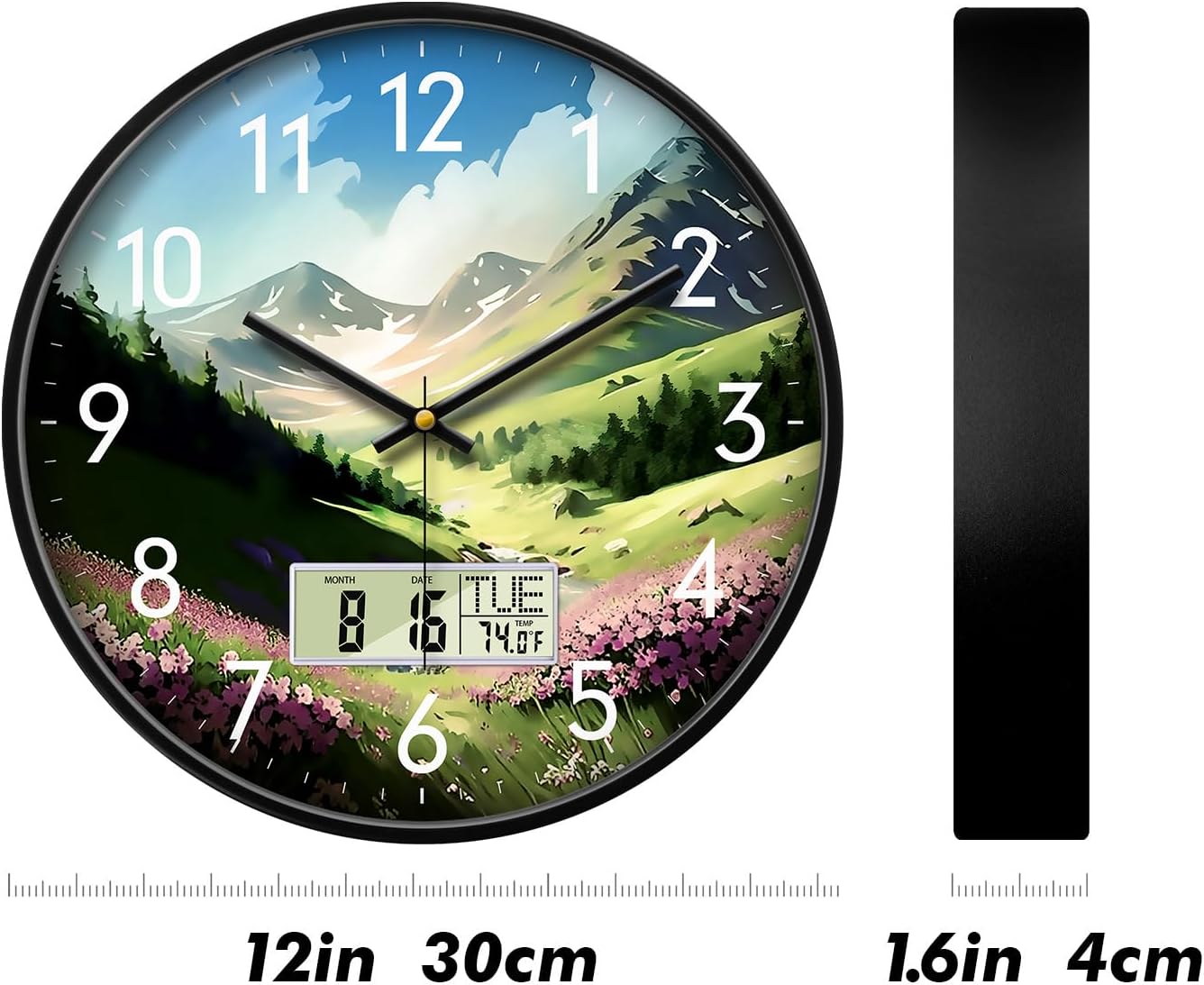 12'' Silent Non-Ticking Rustic Mountain Wildflowers Wall Clock, Battery Operated Analog with LCD Date Day Temp Display, for Living Room Bedroom Farmhouse Cottage Cabin Decor