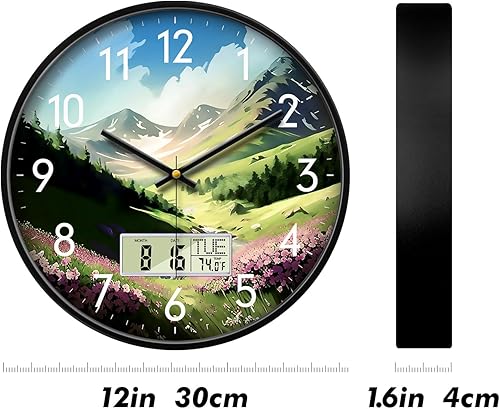 Miniatura 6 de Reloj de pared silencioso de pantalla grande digital con fecha de temperatura, flores de montaña, moderno, sin tictac, funciona con pilas, reloj de