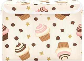 Chocolate Cupcake Storage Bins with Lids Collapsible Decorative Foldable Lidded Organizer Container Storage Bins with Handles for Home Office Bedroom 16.54"x 12.60"x 11.81"