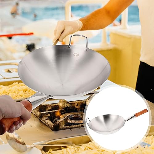 Miniatura 7 de Utensilios de cocina de acero inoxidable Wok Sartén Stir Sartén china Pow Wok Sartén de cocina Sartén de fondo redondo con mango de madera para