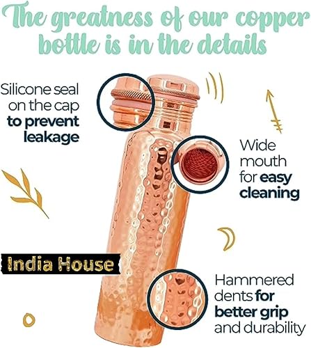 Miniatura 7 de Botella de agua de cobre puro para beber, botella de agua de cobre martillado de 32 onzas con bolsa de transporte, recipiente ayurvédico grande