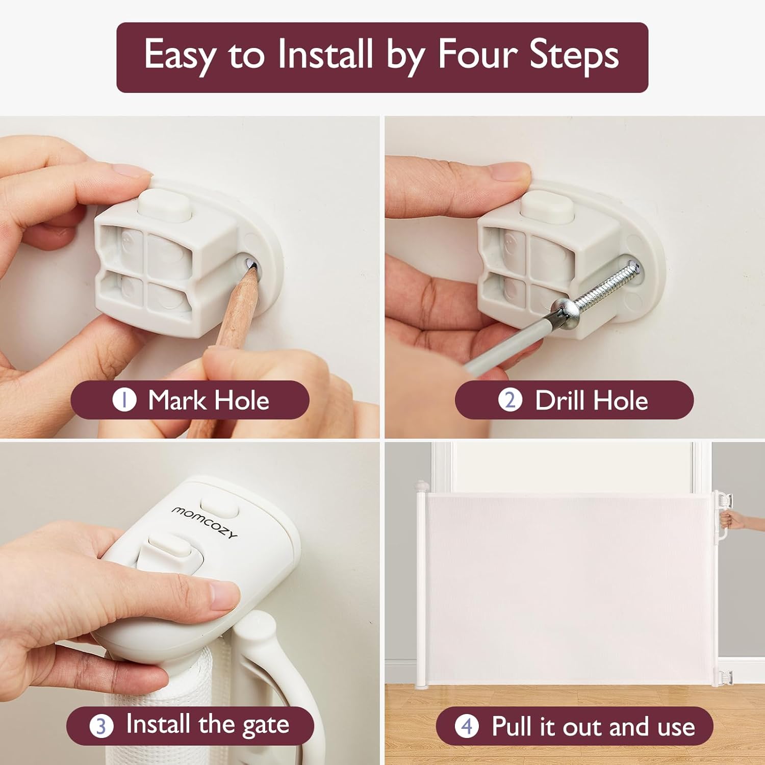 Four step installation guide for the Momcozy Retractable Baby Gate.