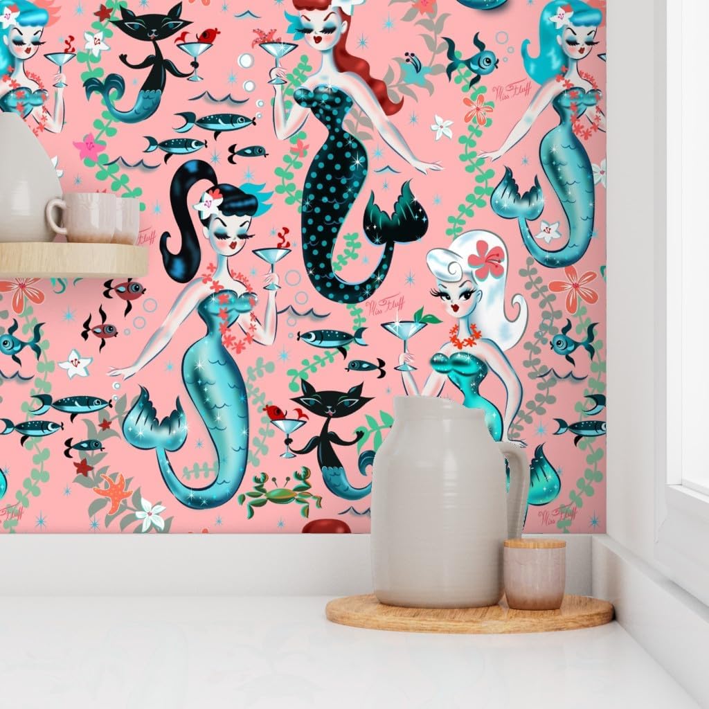 Spoonflower Peel & Stick Wallpaper 3ft x 2ft - Martini Mermaids Coral Vintage Mermaid Retro Nautical Mid Century Ocean Princess Custom Removable Wallpaper