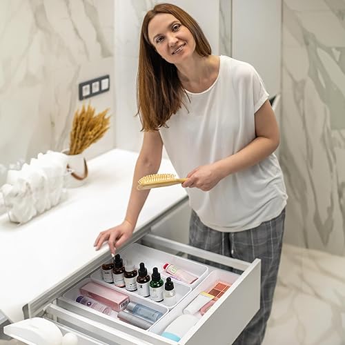 Miniatura 7 de Paquete de 6 organizadores de cajones de plástico, 10 x 3.3 x 1.8 pulgadas, bandeja de almacenamiento apilable blanca, cubos organizadores