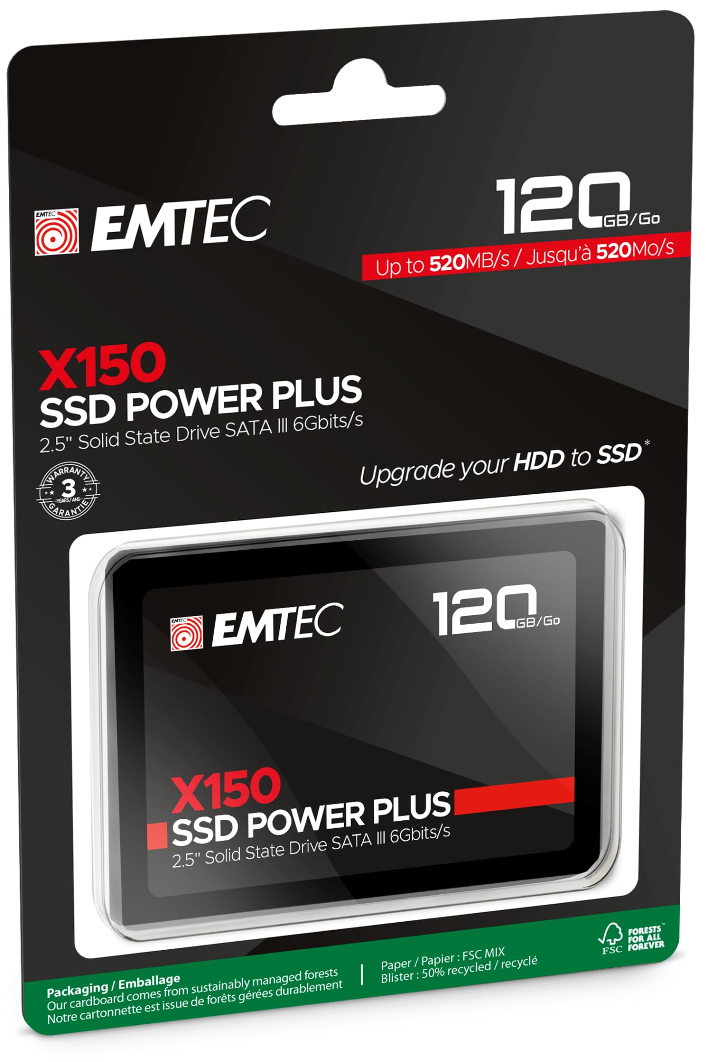 EMTEC - Disque Dur SSD Interne 2,5" - SATA - Collection X150 Power Plus - 3D NAND - 120Go - 10x Plus Rapide qu’un Disque Dur Classique - Ultra-Performant