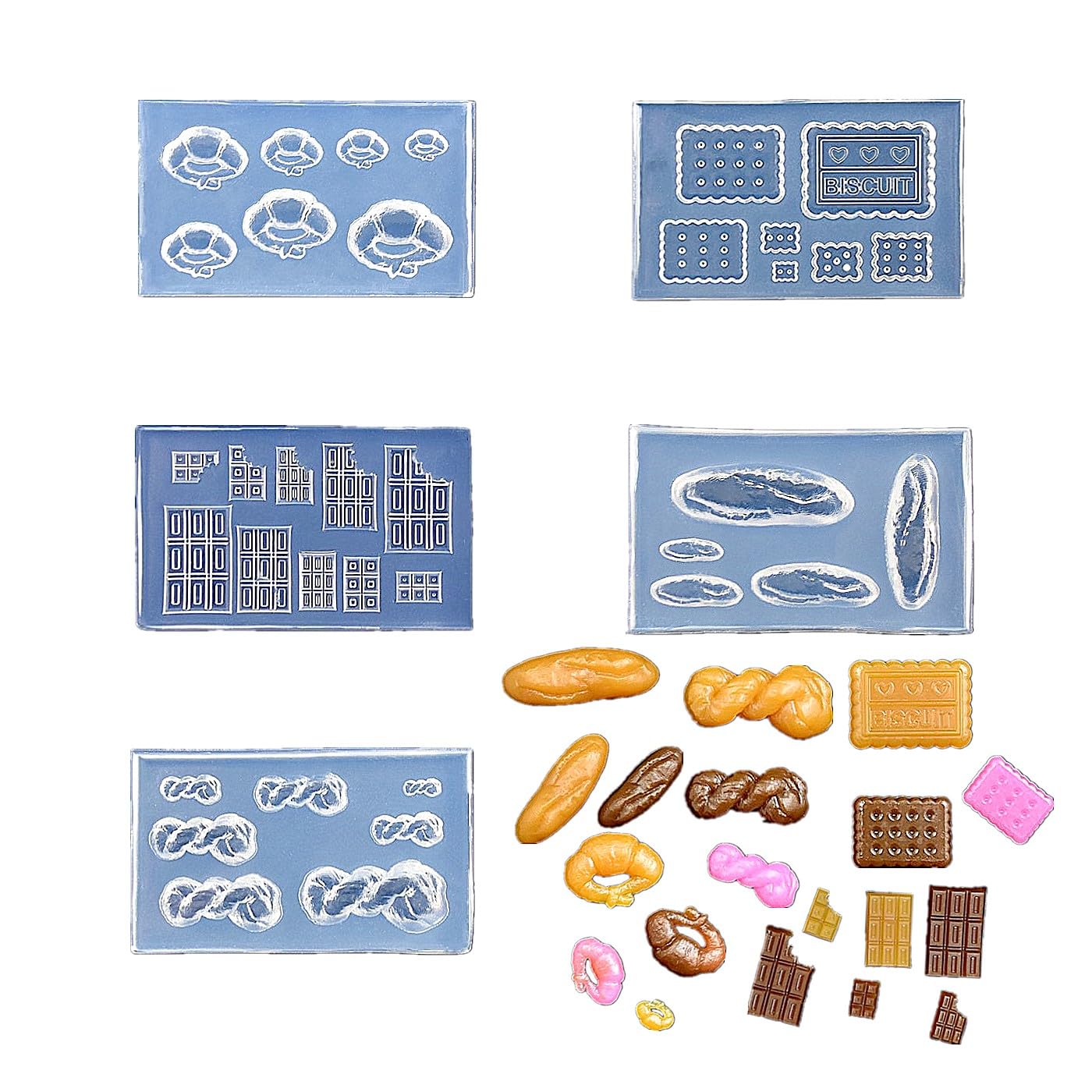 CoolDIY Wielofunkcyjny zestaw mini form silikonowych: chleb, czekolada, rogaliki, wiele wzorów - idealny do rękodzieła z gliny, miniaturowych domków dla lalek, dekoracji paznokci (grupa 5 szt.)