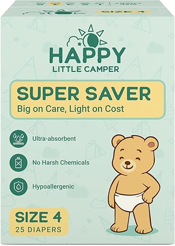 Happy Little Camper Pañales Super Saver, talla 4, 25 unidades Pañales desechables económicos para piel sensible Hipoalergénicos, sin fragancia,