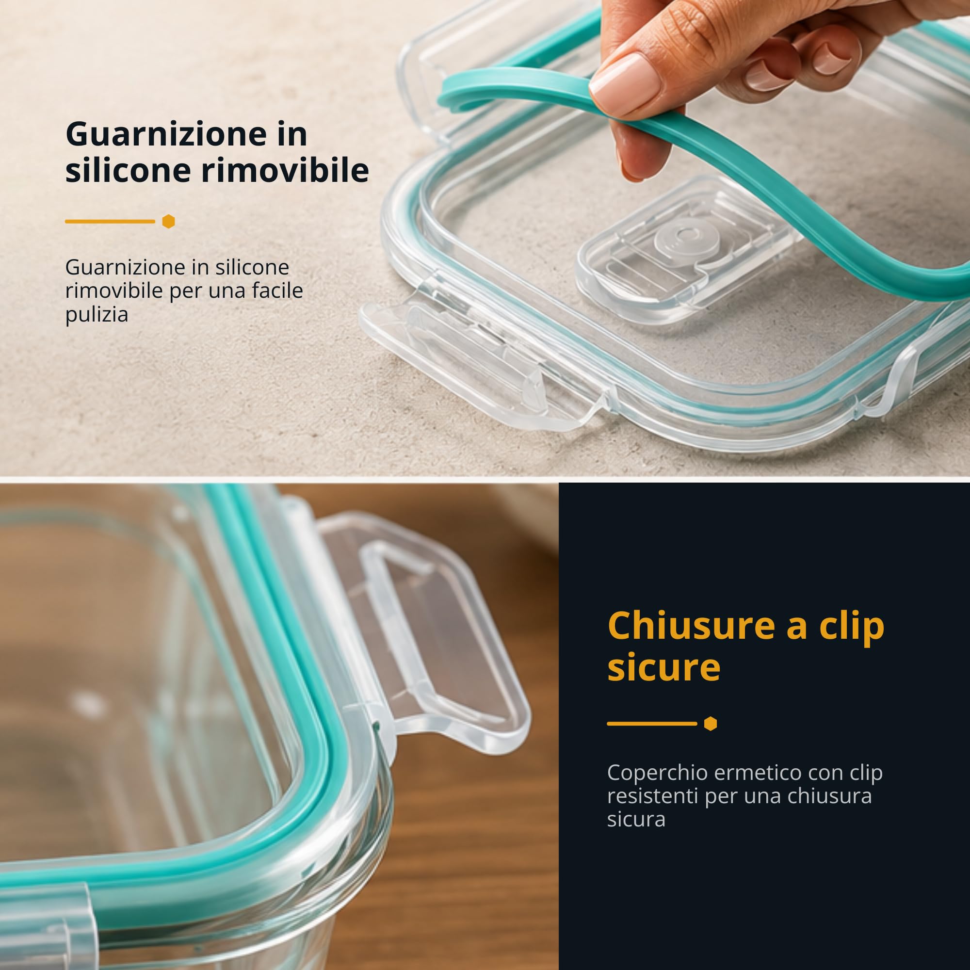 Winter Shore Contenitori Vetro con Coperchio e 2 Scomparti (5 Pezzi) - Bento Box di Qualità Alimentare, Senza BPA, a Prova di Perdite - Set Contenitori Vetro per Microonde, Freezer, Lavastoviglie